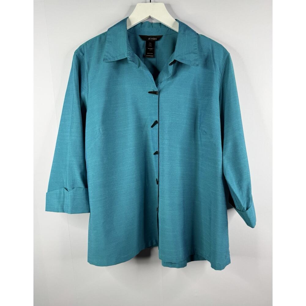 Ali‎ Miles Womens Sz PXL Blue Boxy Button Up Top Lagenlook Wearable Art Artsy